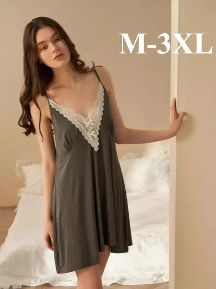 

Large Size Sexy Suspender Nightgown Floral Lace Trim Full Slip Loose Night Gown Babydoll Lingerie Dress V-neck Chemise Sleepwear