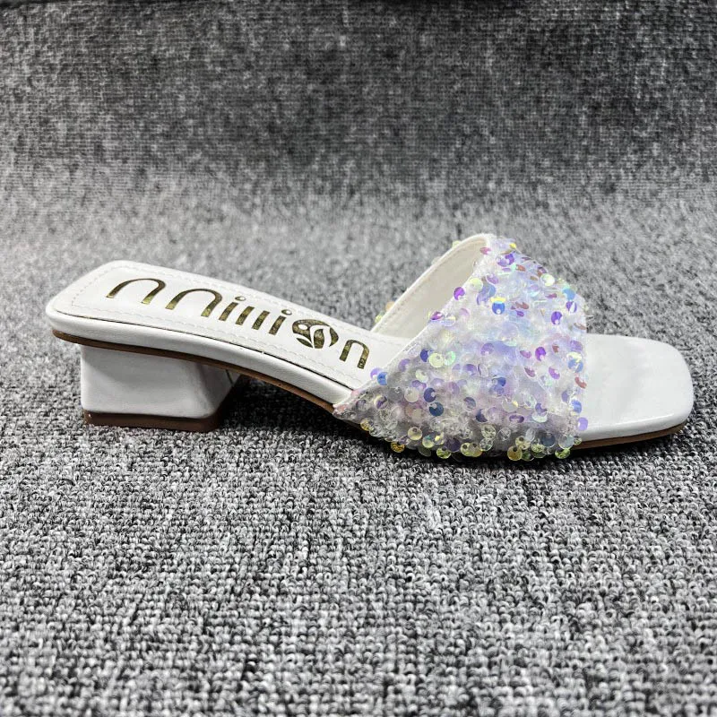 Fashion African Sequins Slippers Point Toe Open Toe Leather Mules 2023 Summer Outdoor Beach Party Party 5cm High Heels L1021-5