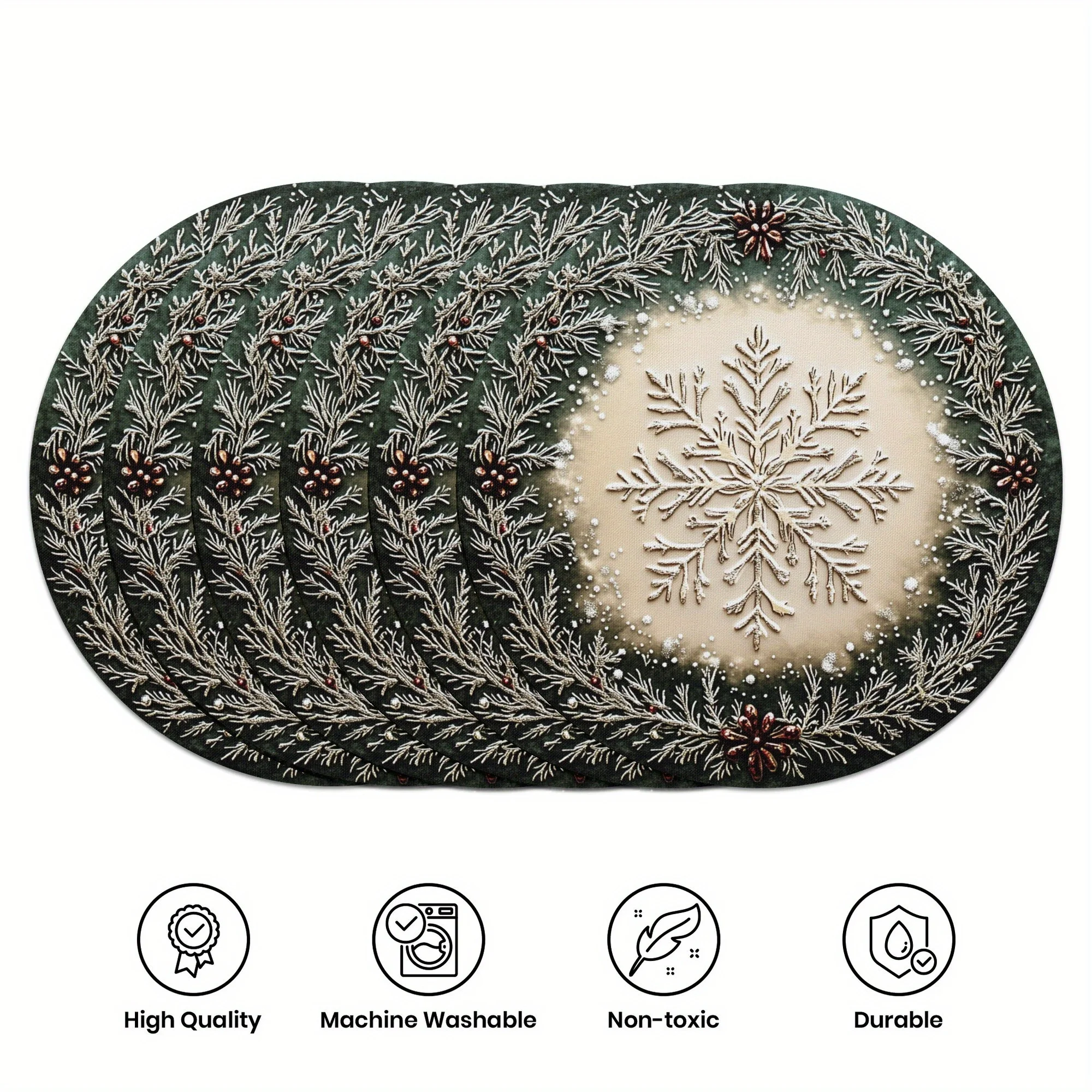 VIKAMA 6PC Christmas Pine Branch Snowflake Placemats for Home Christmas Party Festive Table Decor and Accessories