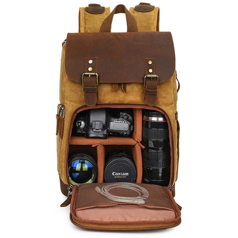 Latest 2024 model In Stock Multifunction Water Proof Waxed Canvas Genuine Leather Travel Dslr Camera Backpack Photography Bags