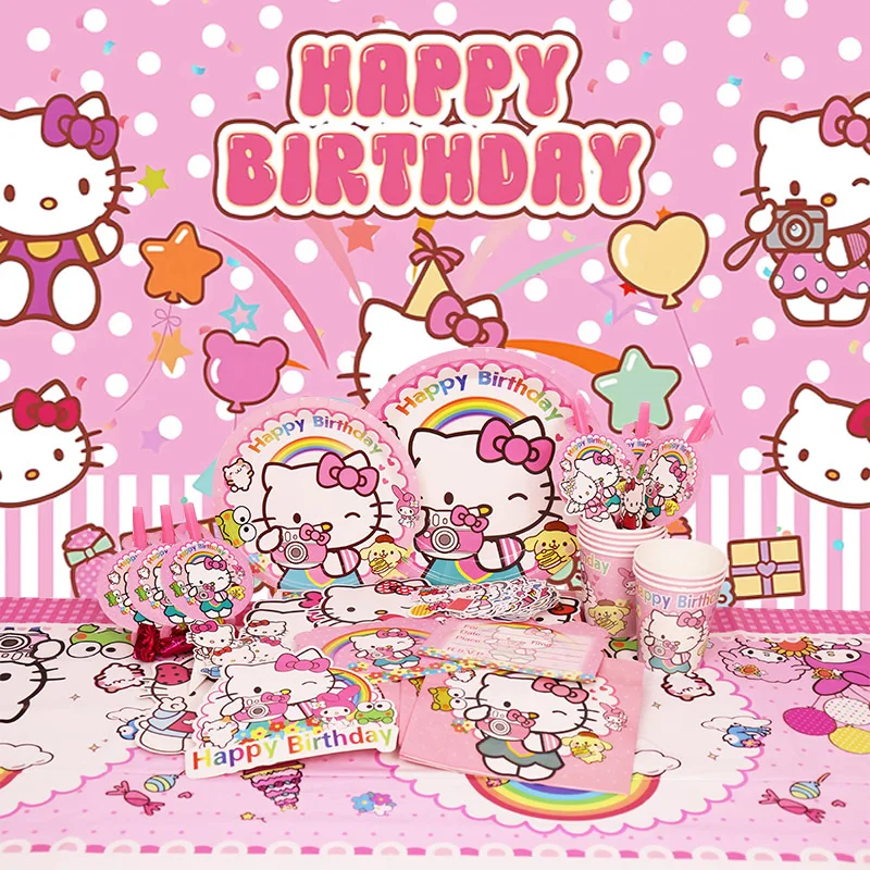 Decoración de fiesta de cumpleaños de Hello Kitty, globo de papel de aluminio para niños, suministros para eventos, vajilla desechable, pancarta,