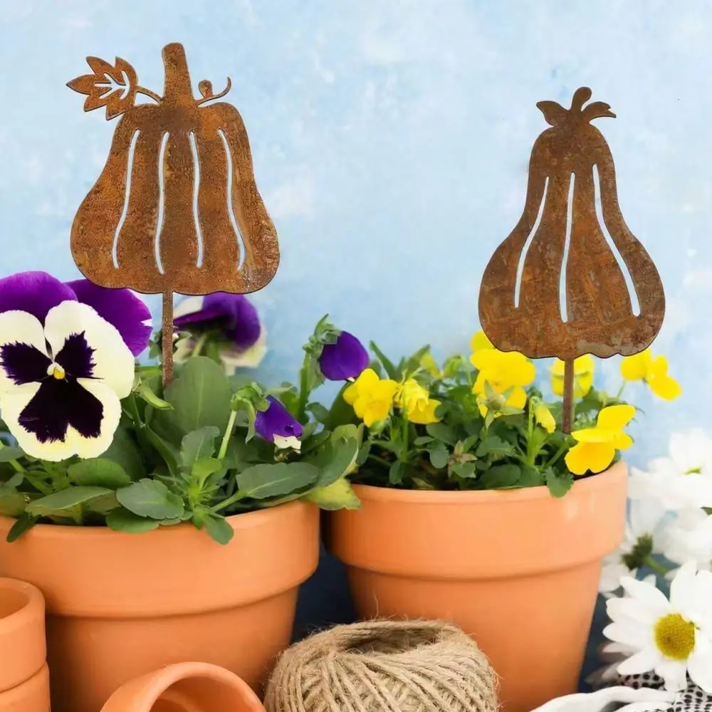 Rustic Pumpkin Metal Garden Stakes Outdoor Autumn Decoration Yard Art Lawn Ornament Decorative Plant Stake Accessory