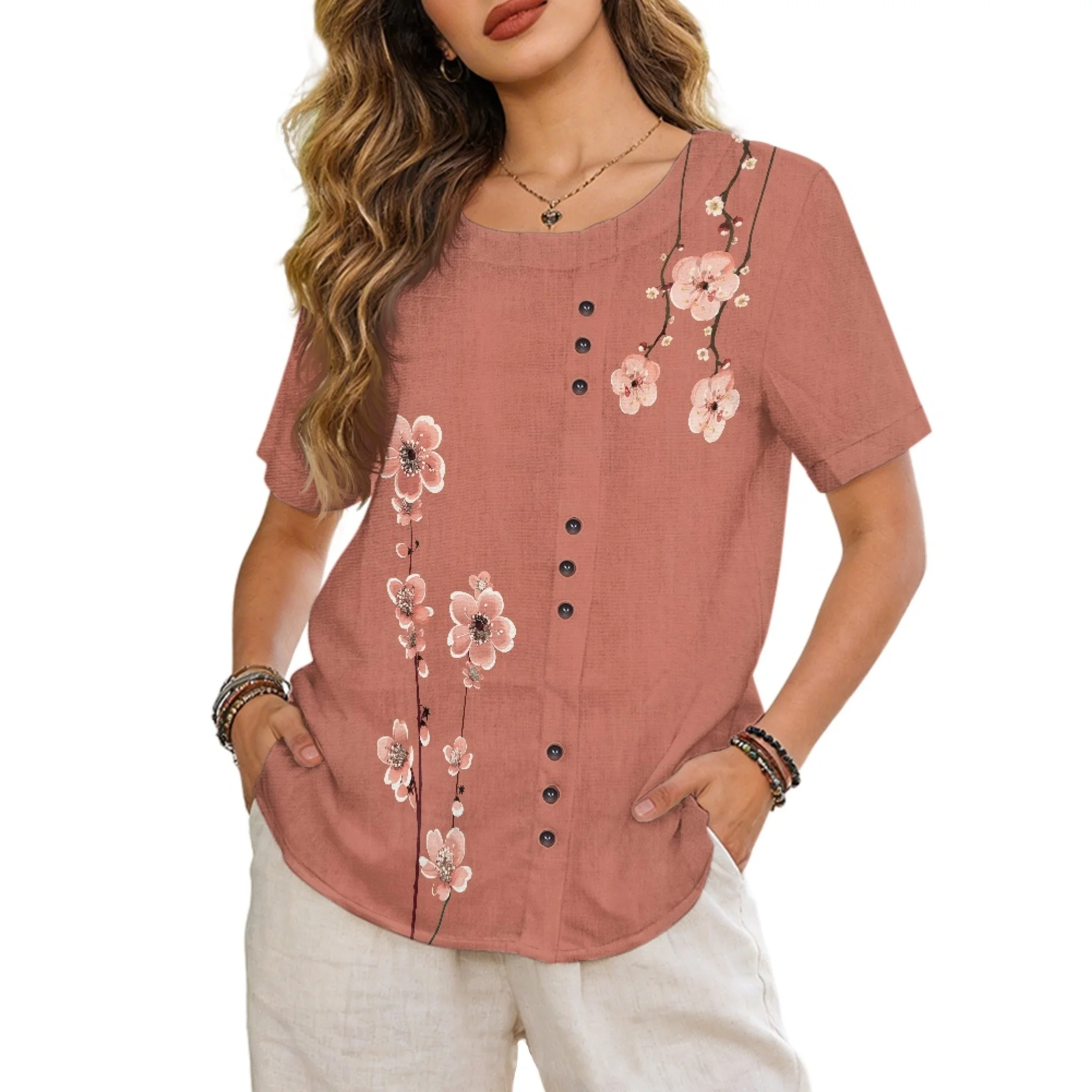 

INSTANTARTS Women's Linen Short-Sleeved Shirt Women Linen-Style Tunic Short Sleeve Shirts Chinese Style Crew Neck Tops Blouse