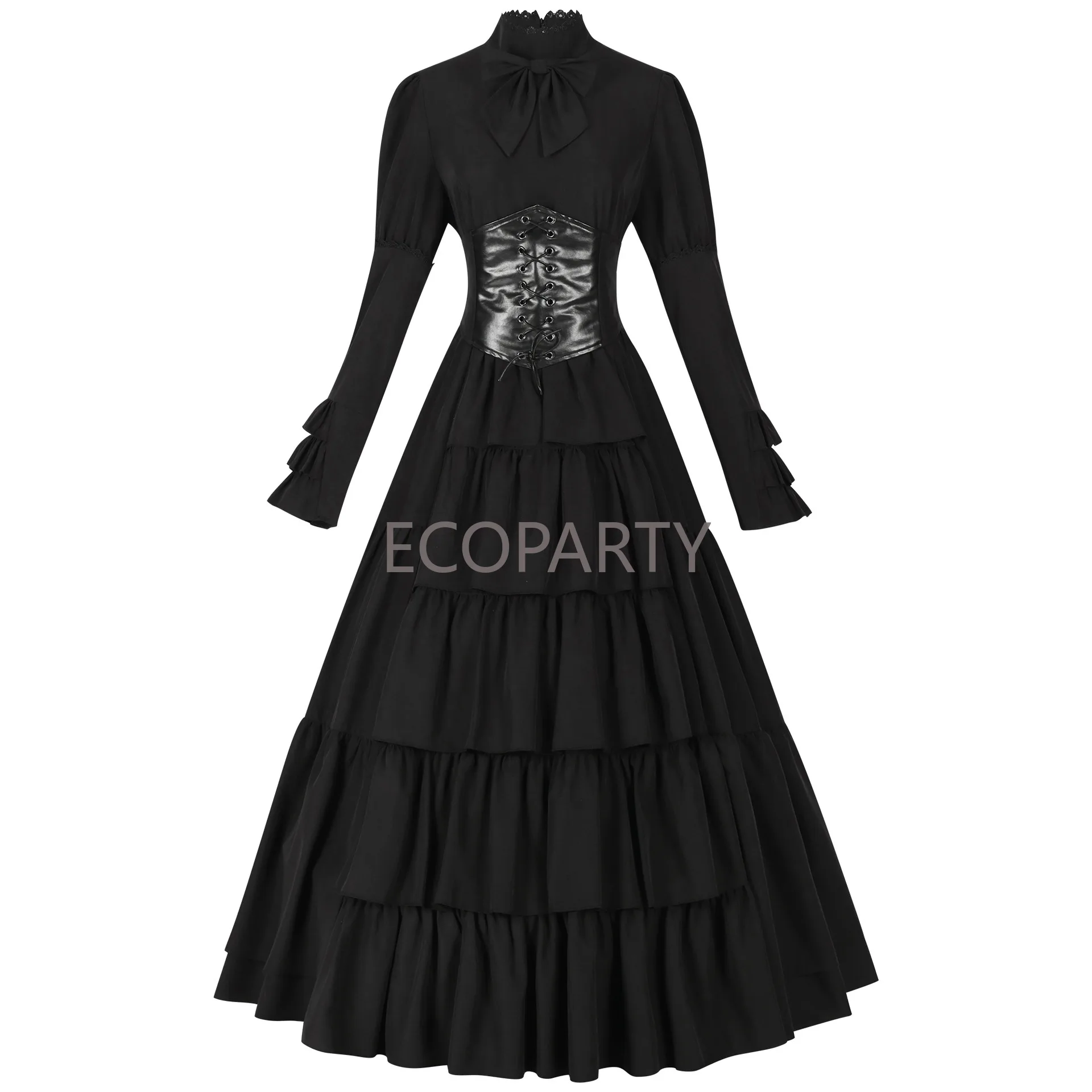 

Victorian Dress with Corset Belt Medieval Renaissance Dress for Women Elegant Long Black Dresses with Long Sleeves