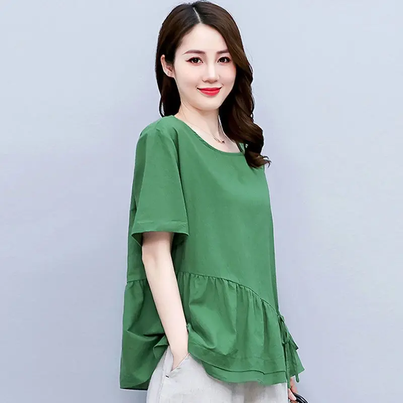 Summer New Simplicity Pleated Lacing Tops Tees Short Sleeve Solid Loose Street Casual T Shirts Vintage Fashion Women Clothing