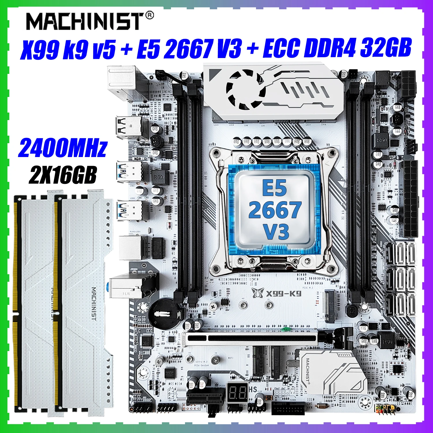 MACHINIST X99 K9 V5 Motherboard Set LGA 2011-3 Kit Xeon E5 2667 V3 CPU Processor DDR4 ECC 2X16G=32GB RAM Memory Support Nvme M.2