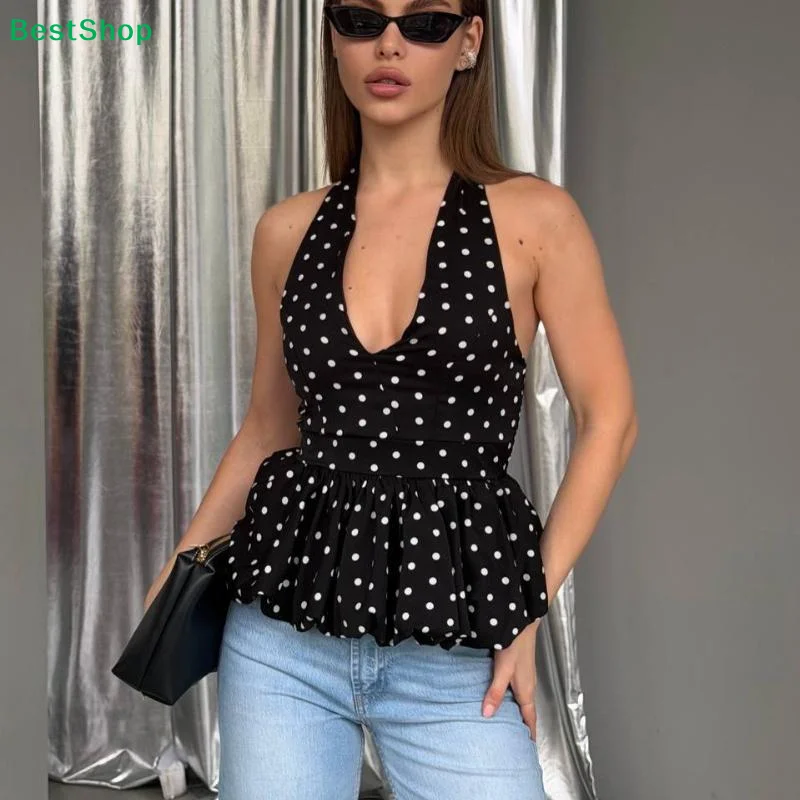 ☽Backless Sexy Halter Beach Babydoll Crop Tops Women Polka Dot V Neck Sleeveless T Shirt Ruffles Basic Tees Not-Padded Pad