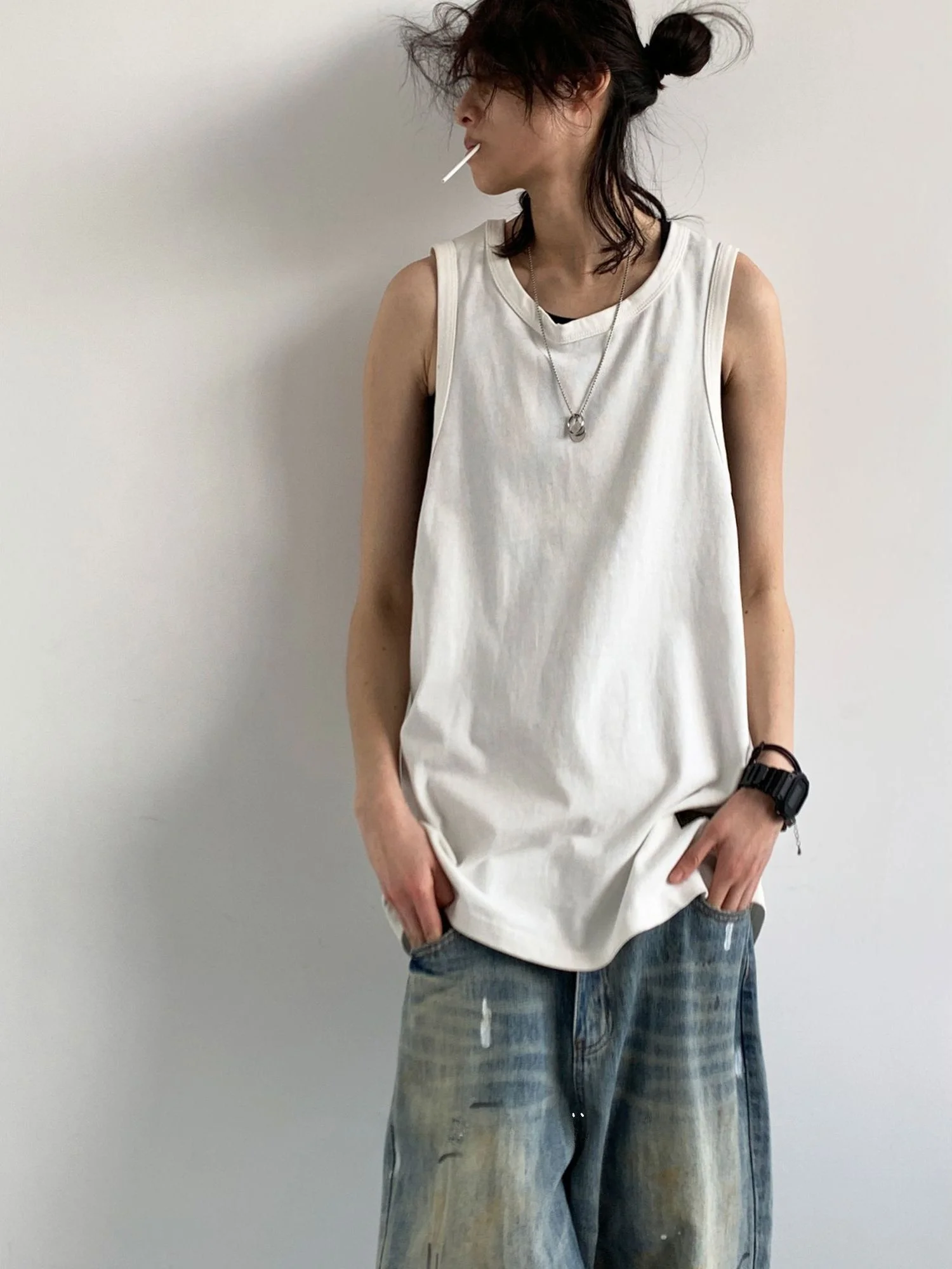 

Casual Loose Basic Sle Vest ex Summer New Heavyweight Lazy Faion Svel Sweatirt Cotton 00% Seven Sve Long