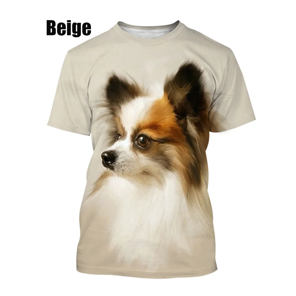 New Fashion Pet Dog Papillon 3D Printing T-Shirt Summer Casual Men/Female Hip Hop Breathable Short Sleeve T-Shirt