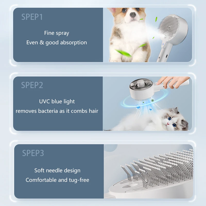 3 in 1 Pet Electric Steam Brush Cat and Dog Cleaning Spray Massage Grooming Comb UV Antibacterial Pets Hair Removal Combs