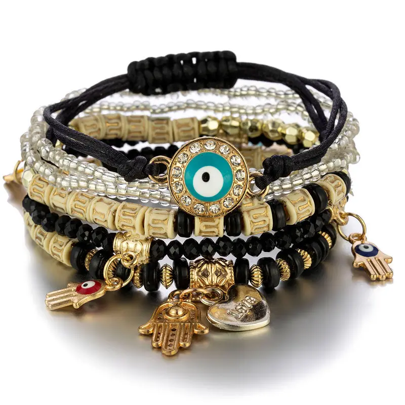 6-teiliges Set böhmisches Armband mit bösem Auge für Damen, Fatima-Hand, Herzanhänger, Perlenarmband, Kettengliederarmband, weiblicher Schmuck, Geschenk – Detail 4