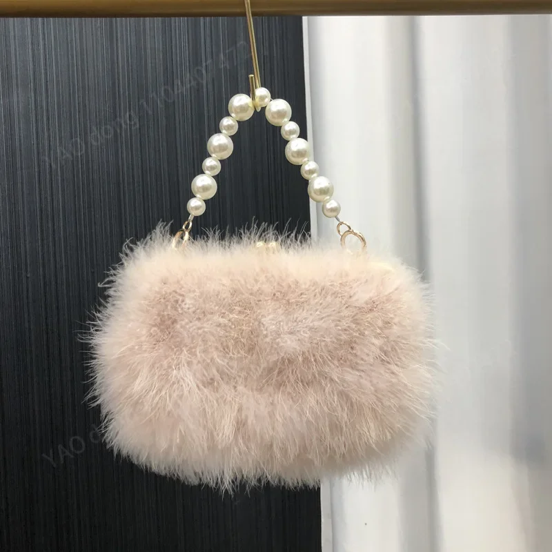 Yao Dong Catena di perle Borse da sera da donna in piume di struzzo Abito da sposa per feste femminile Pochette a tracolla Borsa con catena di perle da fata Pur