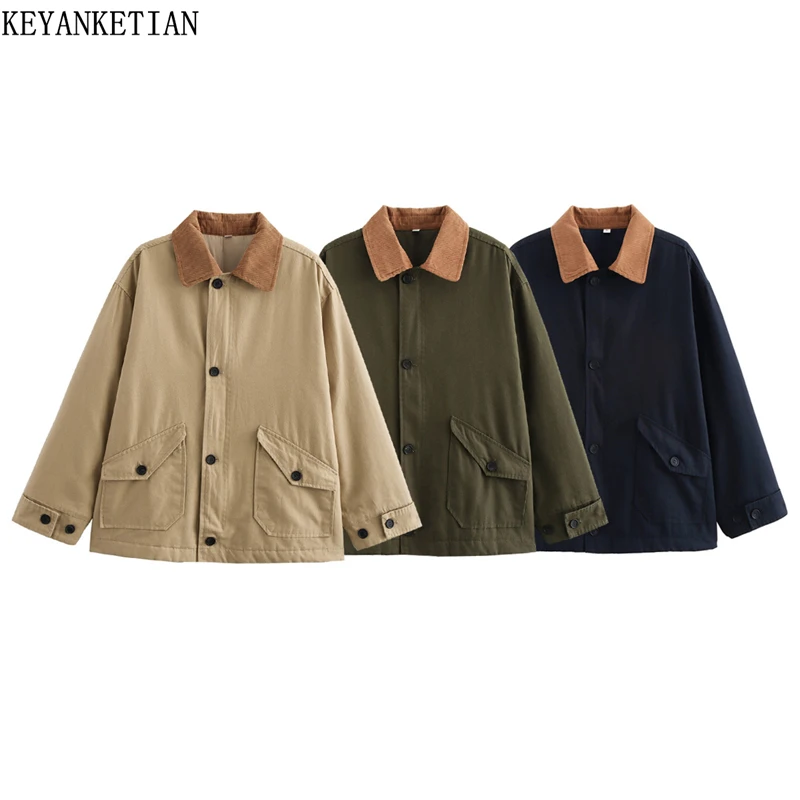 KEYANKETIAN Winter New Women's Corduroy Lapel Patchwork Cotton-Padded Clothes Coat Single Breasted Oversize Greatcoat Blazer Top