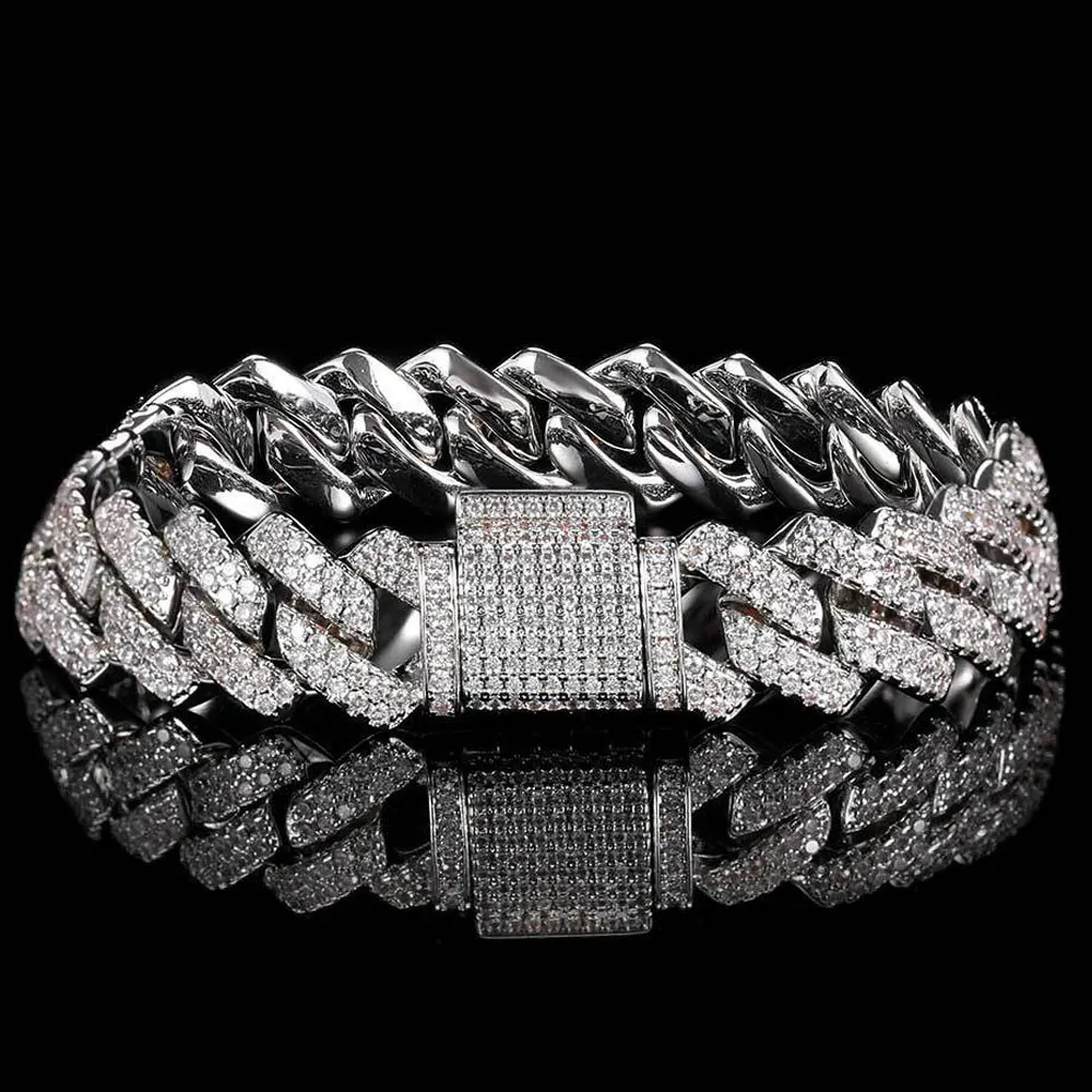 KNOBSPIN D Color Moissanite Cuban Bracelet 925 Sterling Sliver Plated with 18k White Gold Diamond Cuban Link Chain for Women Man