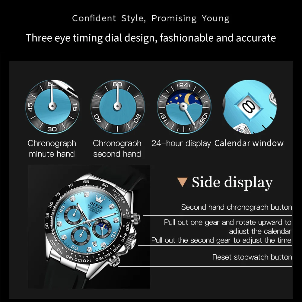 OLEVS Watches for Men Chronograph Analog Quartz Watch Moon Phase Silicone Diamond Waterproof Luminous Quartz Wrist Watches