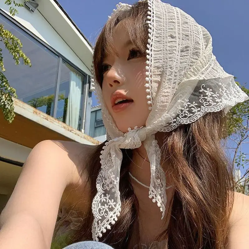 Koreanische Spitze Vintage Dreieckiger Schal Einfarbig Kopftuch Trend Elegante Kopfbedeckung für Frauen Mädchen Y2K Schmuck 2024 INS Bandana