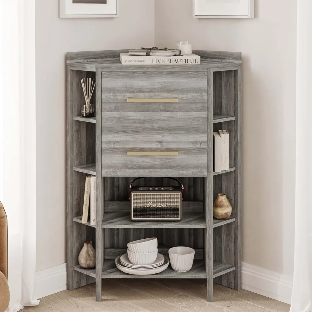 خزانة زاوية مع منفذ USB فائق السرعة A/C، وطاولة زاوية مع درجين للتخزين و10 أرفف #3