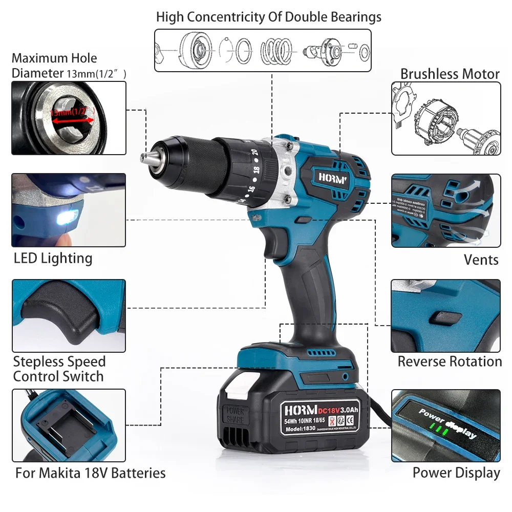 Furadeira de impacto elétrica sem escova, 18v, 120n.m, com bateria de lítio, chave de fenda elétrica de 13mm com alça, ferramenta de broca manual doméstica
