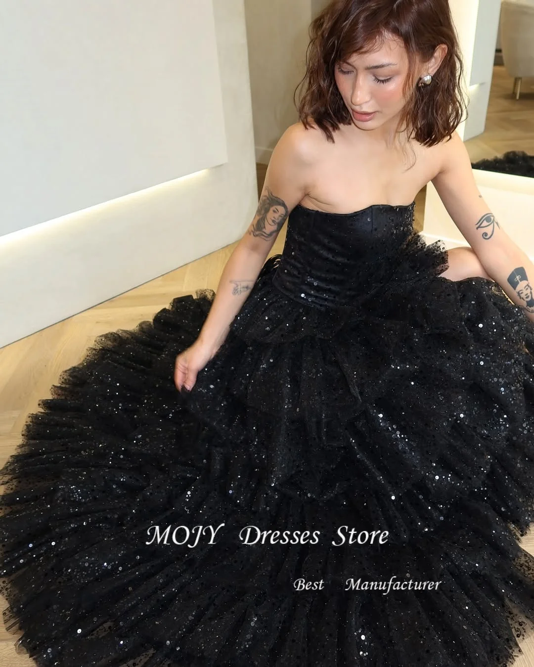 Mojy Shinny Spray gold Tulle A-line Evening Dress Sleeveless Tiered Prom Gown Side High Slit Formal Event vestido Customized