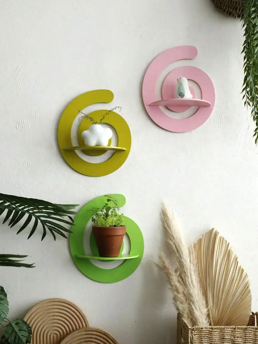 1PC Wooden Wave Shape Floating Wall Shelf Colorful Display Stand Art Wall Plant Decorative Shelves Home Living Room Decorations