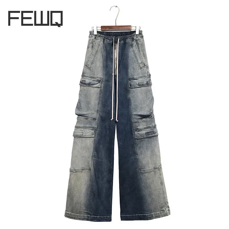 FEWQ High Street Men's Jeans Fashion Vintage Wide Leg Gradient Denim Pants 2023 Trend Worn Out Streetwear Tide Overalls 24X3196