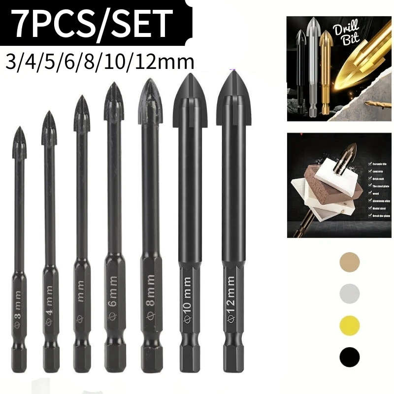 7PCS Efficient Drill Bits Set Drilling Tool Cross Drill Bit For Concrete Ceramic Tile Cement 3-12mm Drilling Tools Set