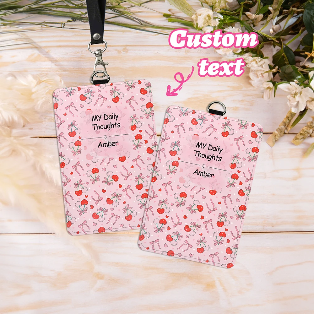 Personalized Custom Name ID Card Holder,Cute Cherry Bow Pattern,Detachable Lanyard,Card Protector,Office Staff Use,Birthday Gift