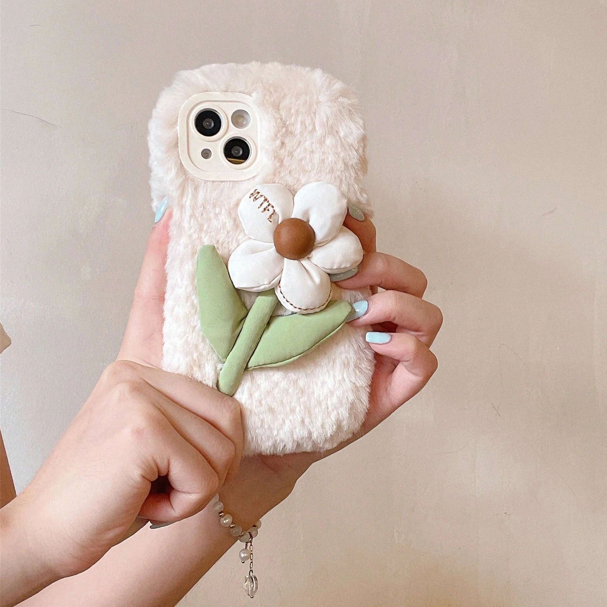 3D fabric floral plush phone case for iPhone 11 12 13 14 15 Plus Pro Max all-Inclusive girl TPU plush phone case