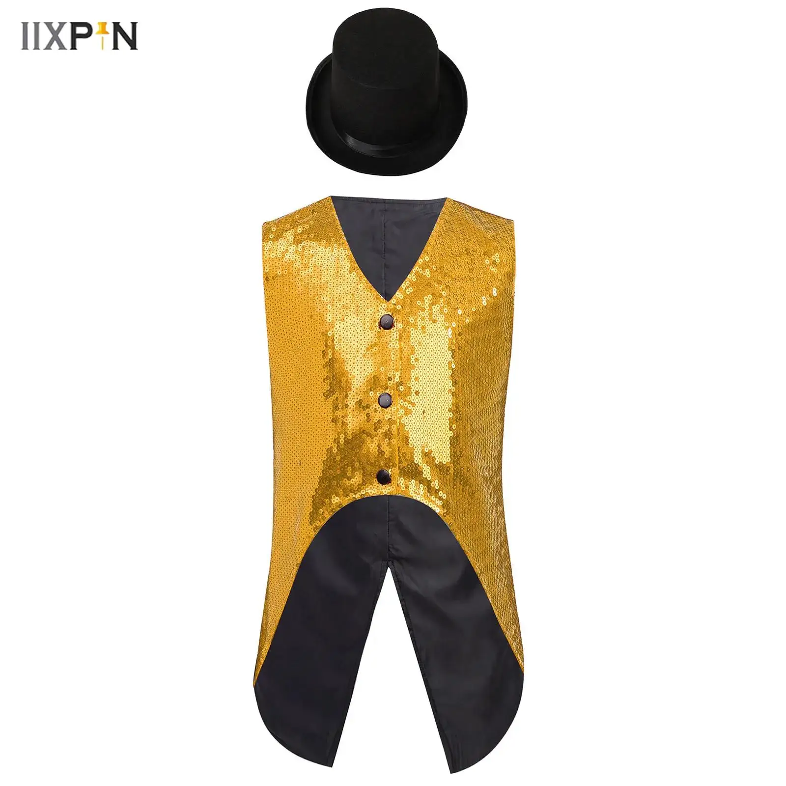 

Kids Boys 2-Piece Outfit Sleeveless Asymmetrical Hem Sparkly Sequins Vest+Hat for Jazz Dance Birthday Party Stage Performance