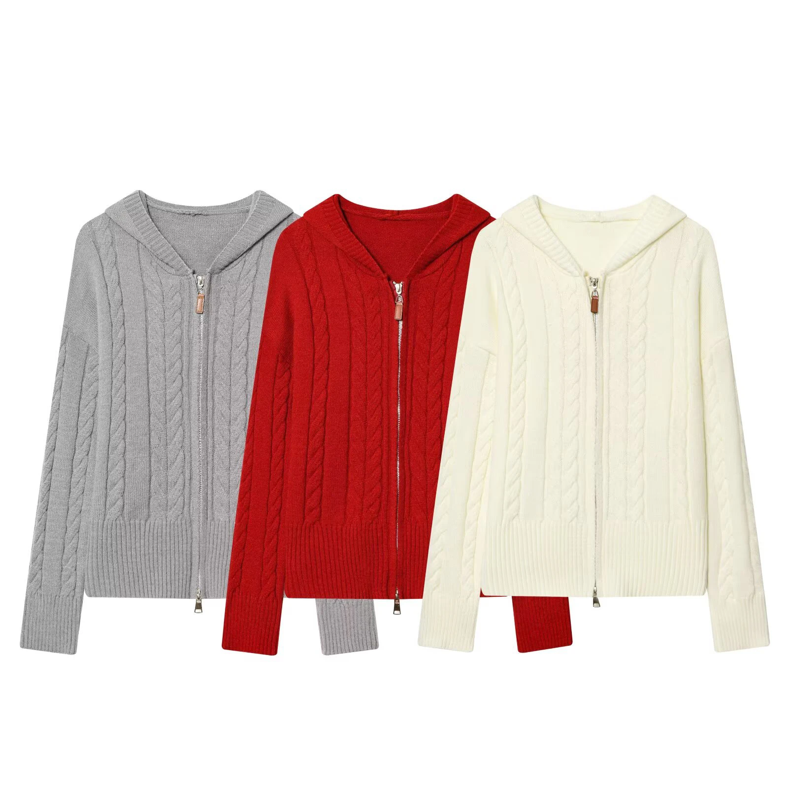 

European and American style women's spring new style fashionable temperament trend hooded double zipper knitted jacket