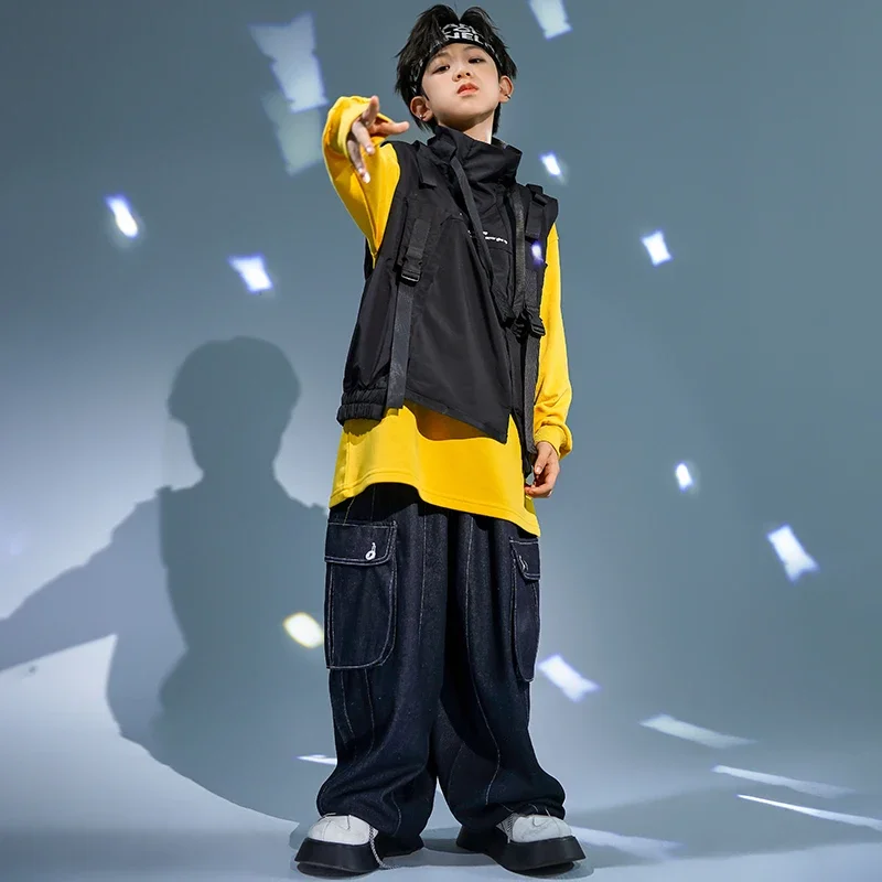 Vêtements Hip Hop pour enfants, veste en fibre noire, glaCasual Street Strap, pantalon cargo pour fille et garçon, costume de danse jazz, vêtements Kpop