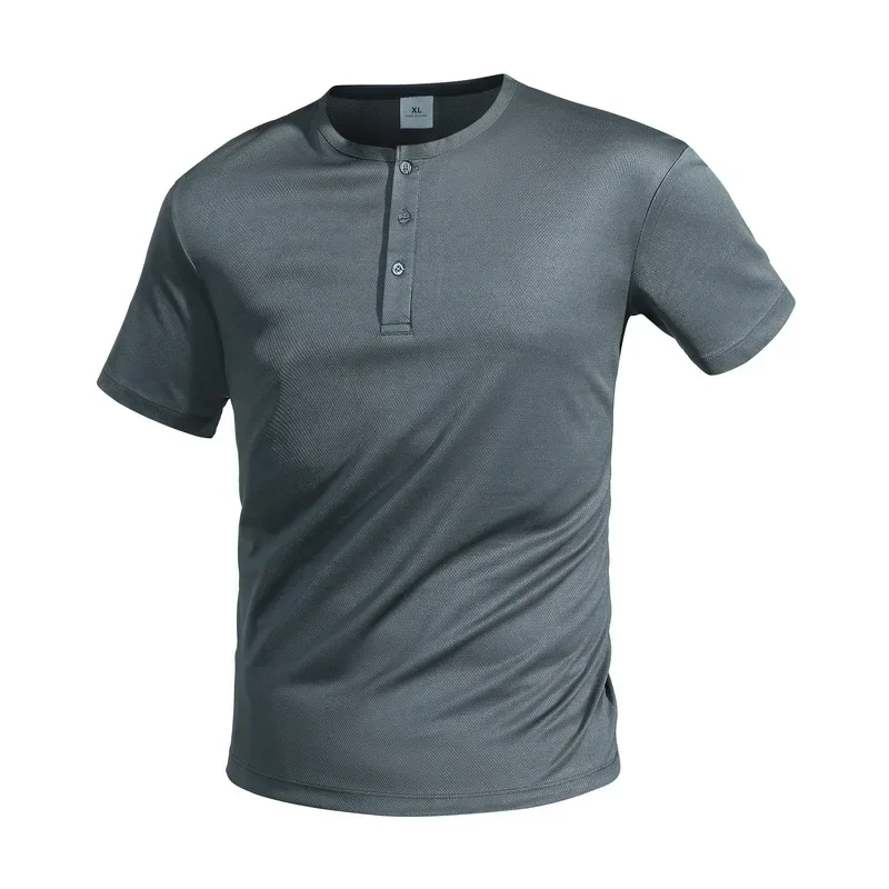 Herren Kurzarm Henley-Neck T-Shirts Einfarbig Männliche Fitness-Oberteile Sommer Slim Fit Knopfhals Lässiges Bequemes T-Shirt Streetwear – Detail 8