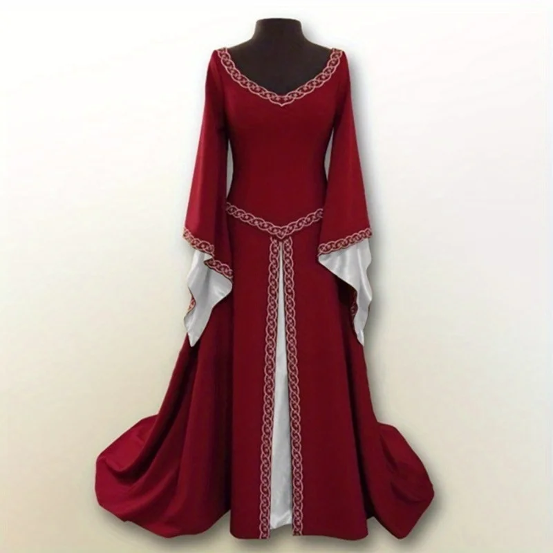 Vintage Halloween Party Long Sleeved Embroidered Round Neck Slim Fit Women's Dress