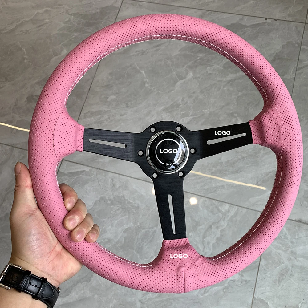 14inch 350mm Pink Perforated Leather Steering Wheel  Universal Racing Drifting Steering Wheel Black Spoke