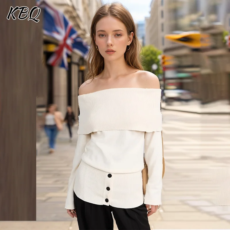 

KBQ Solid Elegant Simming Sweaters For Women Slash Neck Off The Shoulder Sleeve Spliced Button Temperament Sweater Female New