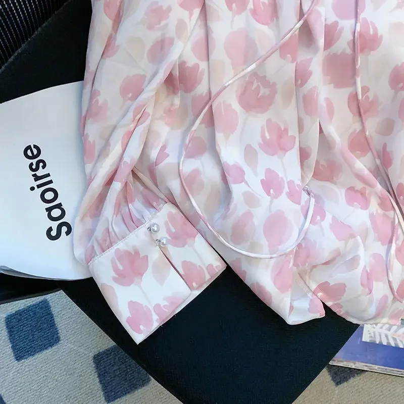 French Gentle Holiday Style Off-shoulder Floral Chiffon Shirt for Women in Summer New Design Ruffled Shirt