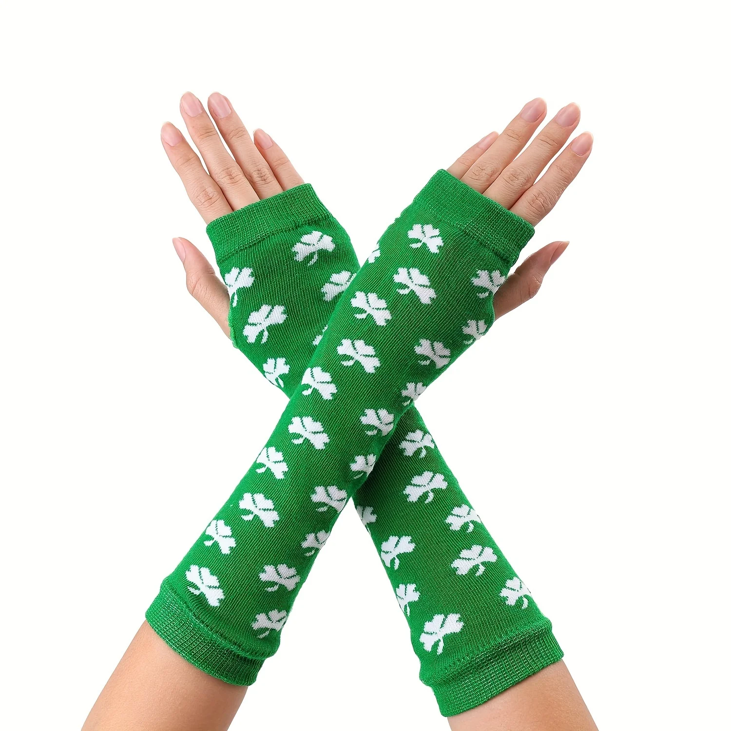 Irish Festival Green Stripe Long Gloves Open Toe Women\'s Long Wrist Set Elbow Set Patrick Clover Arm Set