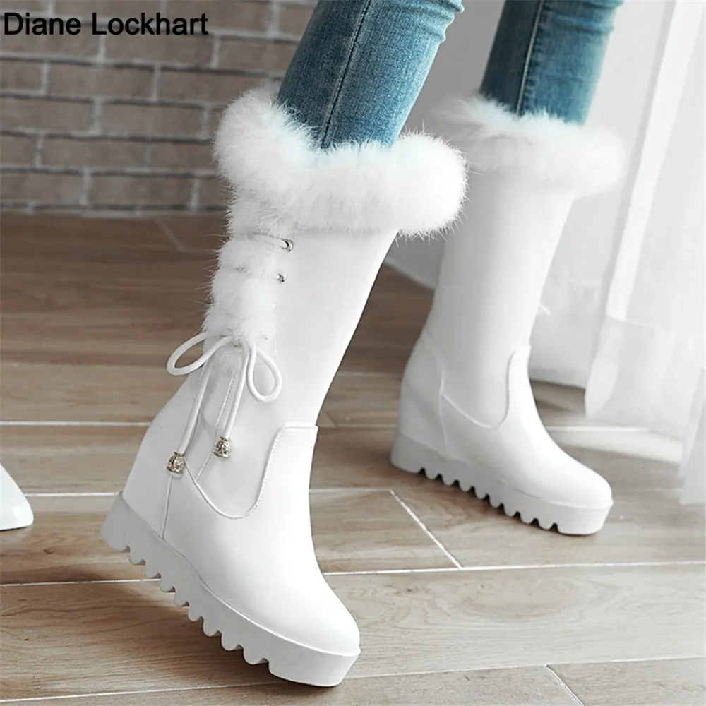 2024 Winter Womens Snow Boots Warm Fur Mid Calf High Boots Lace-up Female Shoes Female Cute Padded Boots Zapatos de Mujer 33