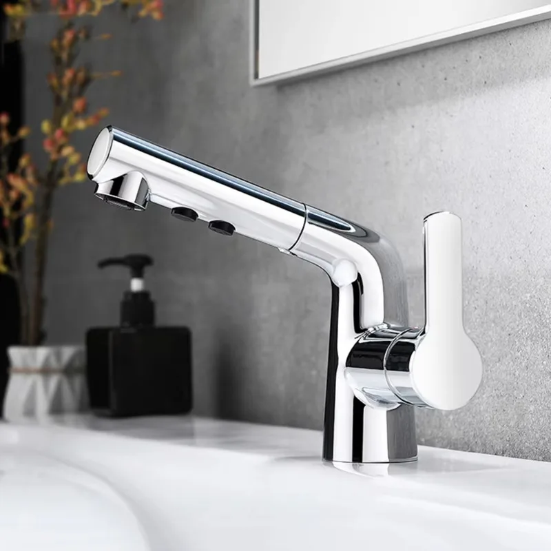 Lead Free Solid Brass Bathroom Faucet with Pull Down Sprayer Brushed Nickel Finish Single Handle Deck Mounted Ceramic Cartridge