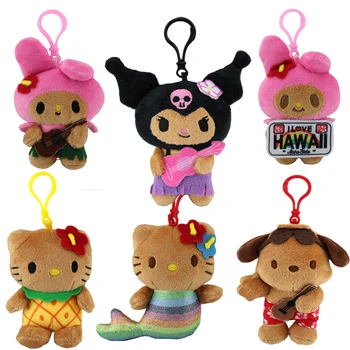 카와이 헬로 키티 하와이 산리오 키 체인 펜던트 만화 플러시 장난감 필링 키 체인 다크 스킨 펜던트 귀여운 생일 선물