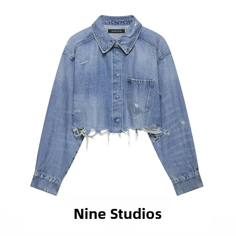 

Retro Hole Decoration ort Denim irt Jaet Women's Faion Outerwear Casual Commute Sle Loose Fit Long Sve Button Cl...