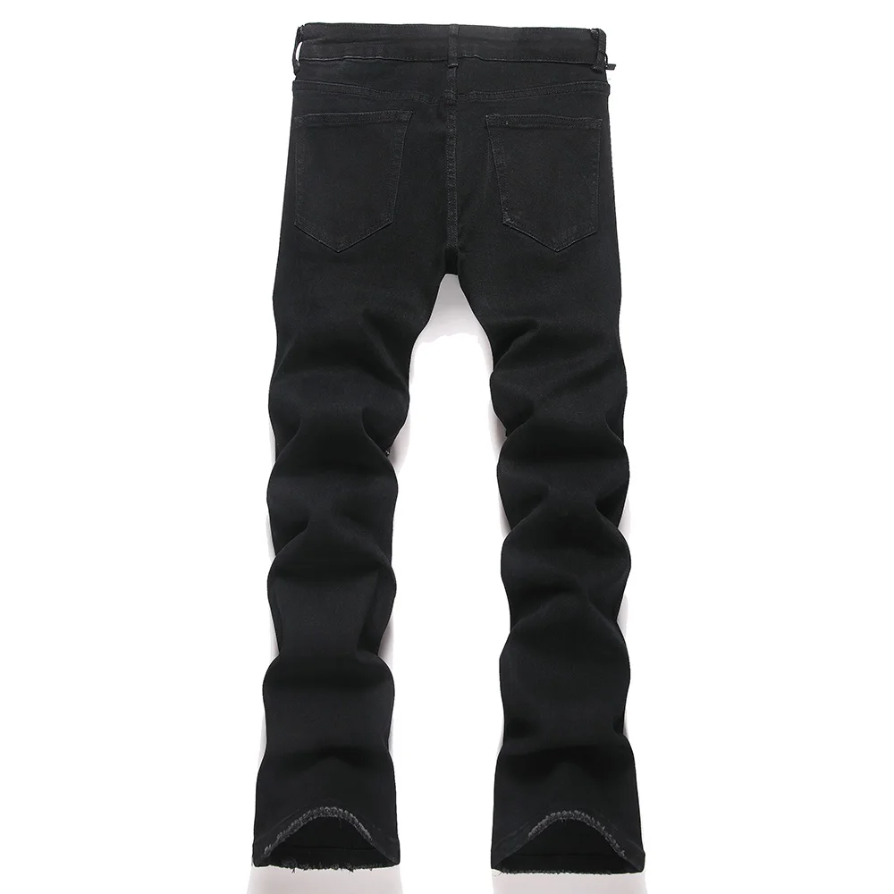 Men's Black Boot Cut Jeans Punk Rivet Crystal Wings Pants Embroidery Streetwear Slim Flared Stretch Trousers