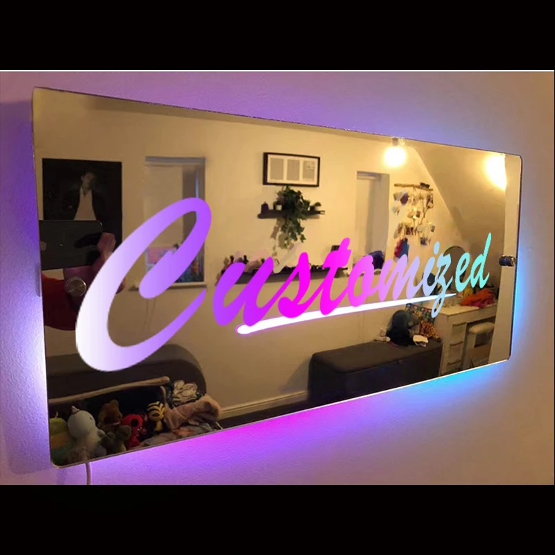 Luz do espelho acrílico com palavras personalizadas, LED Wall Decor, nome personalizado Neon Sign, presente de aniversário, quarto Decorações