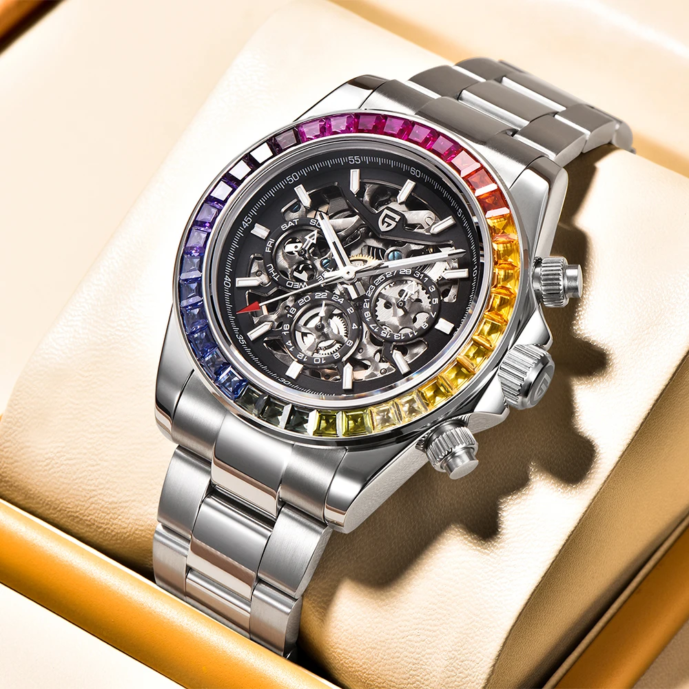 PAGANI DESIGN Mode Regenbogen Armband Herren Mechanische Uhr Edelstahl 100 m Wasserdicht Hohl Automatische Mechanische Uhr