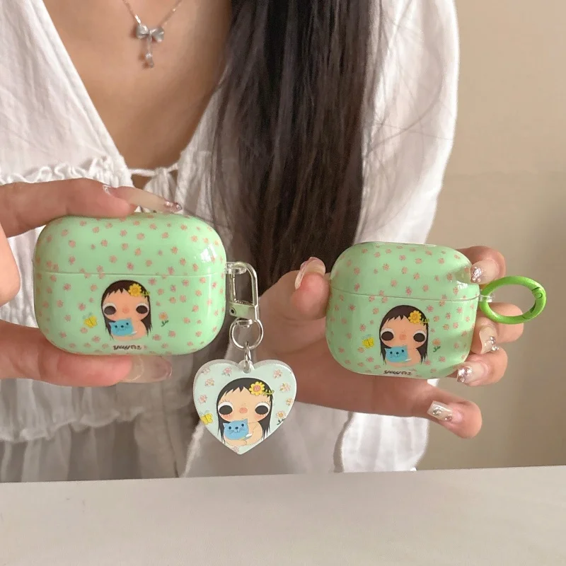 

Korean Little Flower Painting Flower Green Earphone Case For Apple Airpods 4 3 2 Pro 3 Cover with Pendant Silicone Headphone Cas