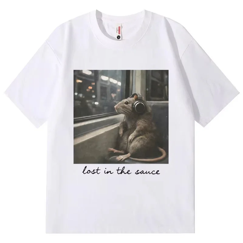 Lost in The Sauce Funny Rat Meme T-shirt High Street Fashion Trend Short Sleeve T-shirts Women Casual Loose T Shirt
