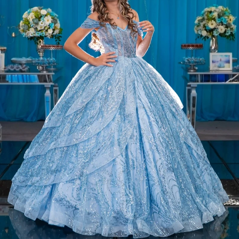 

Blue Shiny Quinceanera Dresses Off The Shoulder Applique Lace Beading Crystal Tull Corset Party Birthday Sweet 16 Dress Vestidos