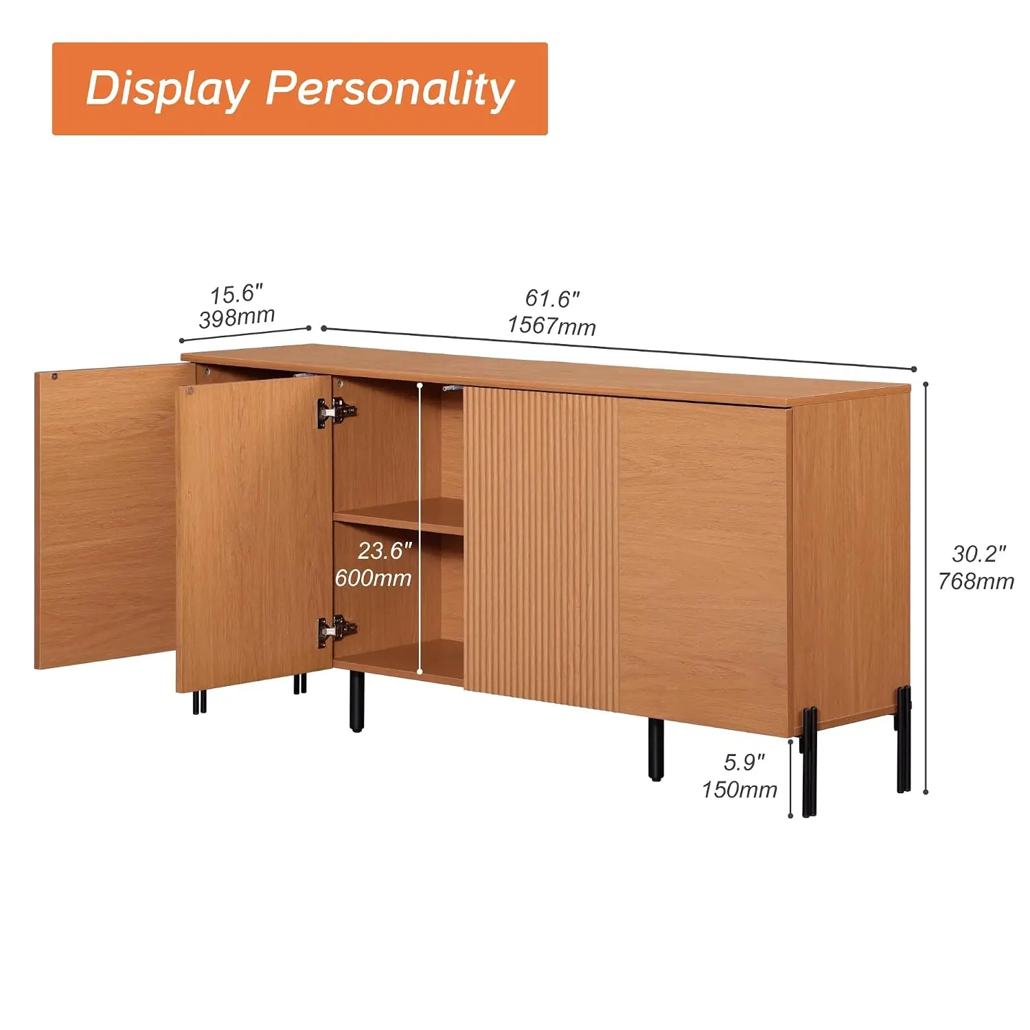 Fluted TV Stand For 70 Inch TV Entertainment Console 4 Doors & Metal Base Media Table Living Room Bedroom Mocha, Customized