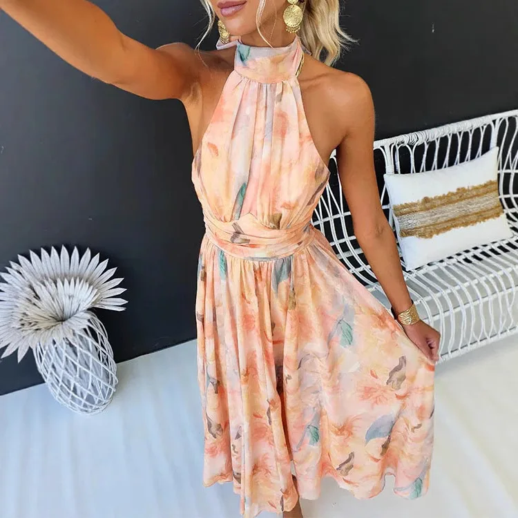 

2025 Summer New Women's Sleeveless Printed Halter Dress Europe and America