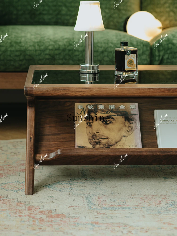 

Black walnut solid wood coffee table living room home Nordic glass small apartment modern and simple FT